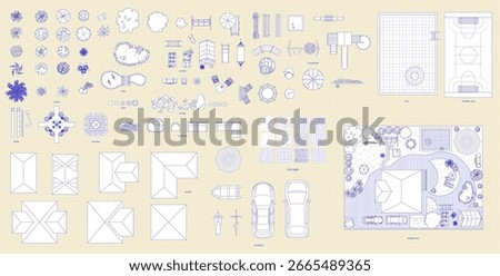 Garden top view. Vector illustration of isolated garden items and fishing rod on white background. Furniture, lighting, equipment, plants, stones, ponds, playground and other