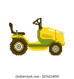 Garden tractor in 8 bit game style. Pixel color vector illustration isolated on white background. Agricultural farm machine equipment for grass mowing