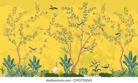 Garden tree crane birds wallpaper design