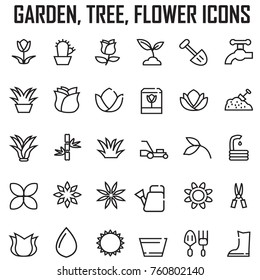 Garden, tree, flower icons set vector. mowers, aloe vera tree, cactus, soil, bamboo