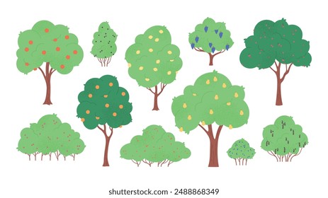 Garden trees and bushes. Green bush with berries and fruit tree. Harvest time, agricultural rural elements. Planting and gardening racy vector set