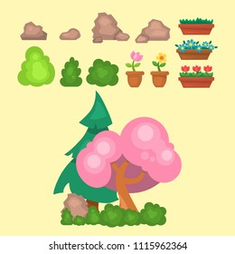 Garden trees vector flowers grass game park elements illustration nature forest green plant bush landscape natural foliage.