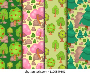 Garden trees vector flowers grass game park elements illustration nature forest green plant bush landscape natural foliage seamless pattern background.