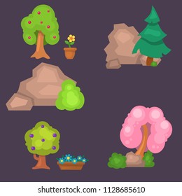 Garden trees vector flowers grass game park elements illustration nature forest green plant bush landscape natural foliage.