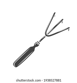 Garden trident for digging glyph icon, vector cut monochrome badge. Garden tools illustration.