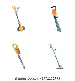 Garden trimmer icons set cartoon vector. Electric lawn mower and grass trimmer. Gardening equipment