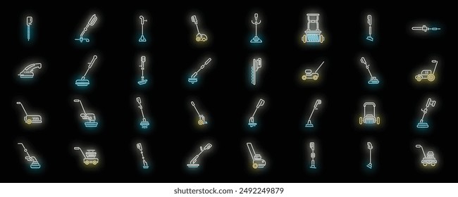 Garden trimmer icons set outline vector. Care cutter. Farm equipment neon color on black