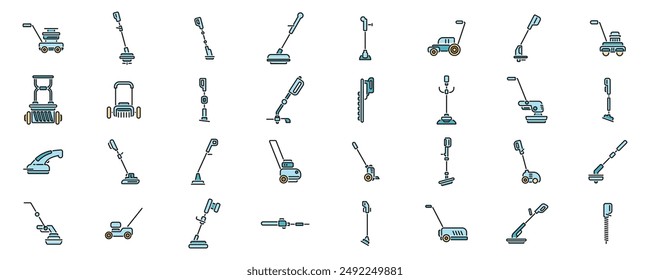 Garden trimmer icons set outline vector. Care cutter. Farm equipment thin line color flat on white