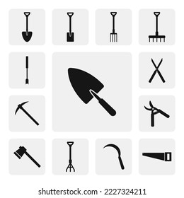 Garden trowel flat icon for web. Simple gardening trowel with handle sign web icon silhouette. Minimalist shovel, spade or trowel solid black icon vector design. Graden tools icon set