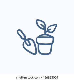 Garden trowel and pot with plant vector sketch icon isolated on background. Hand drawn Garden trowel and pot with plant icon. Trowel and pot with plant sketch icon for infographic, website or app.