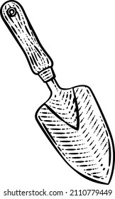 Garden trowel spade gardening tool illustration in a vintage retro woodcut style