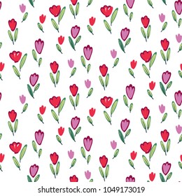 Garden tulips flowers seamless pattern. Botanical illustration in hand drawn style.Vector floral design for cosmetics, perfume products, textile prints, wedding cards.