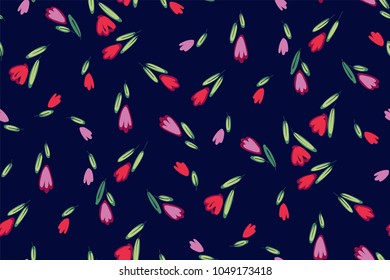 Garden tulips flowers seamless pattern. Botanical illustration in hand drawn style. Vector floral design for cosmetics, perfume products, textile prints, wedding cards.