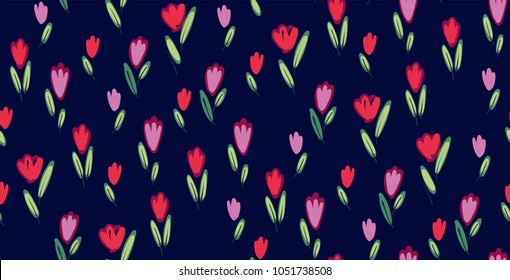 Garden tulips flowers seamless pattern. Botanical illustration in hand drawn style. Vector floral design for cosmetics, perfume products, textile prints, wedding cards.