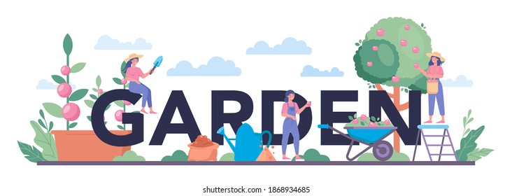 Garden typographic header. Idea of horticultural designer business. Character planting trees and bush. Special tool for work, shovel and flowerpot, hose. Isolated flat illustration