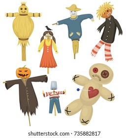 Garden ugly terrible fabric scarecrow fright bugaboo dolls on stiick and toy character dress from farm rag-doll vector illustration