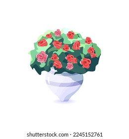 Garden vase with a lush bush of red roses, vector illustration isolated on a white background