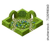 Garden vector asset with topiary bushes, flowers, grass and paved walk way. Isometric set, vector illustration. Can be used to create garden scenes or landscapes in games, app etc.