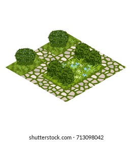 Garden vector asset with topiary bushes, flowers, grass and paved walk way. Isometric set, vector illustration. Can be used to create garden scenes or landscapes in games, app etc.