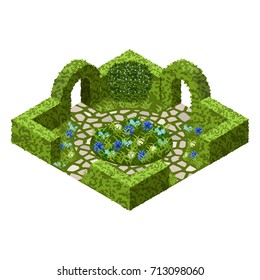 Garden vector asset with topiary bushes, flowers, grass and paved walk way. Isometric set, vector illustration. Can be used to create garden scenes or landscapes in games, app etc.