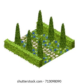 Garden vector asset with topiary bushes, flowers, grass and paved walk way. Isometric set, vector illustration. Can be used to create garden scenes or landscapes in games, app etc.