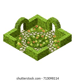 Garden vector asset with topiary bushes, flowers, grass and paved walk way. Isometric set, vector illustration. Can be used to create garden scenes or landscapes in games, app etc.