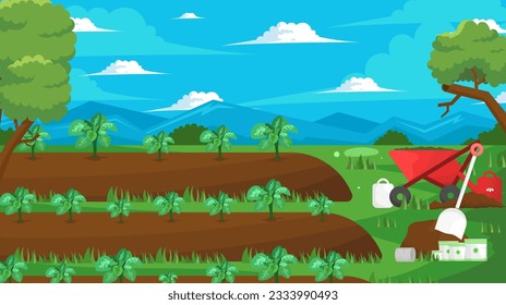 garden vector background.illustration of the garden behind the house for animation. garden and rice field background, illustration of vegetable and fruit plants in the garden