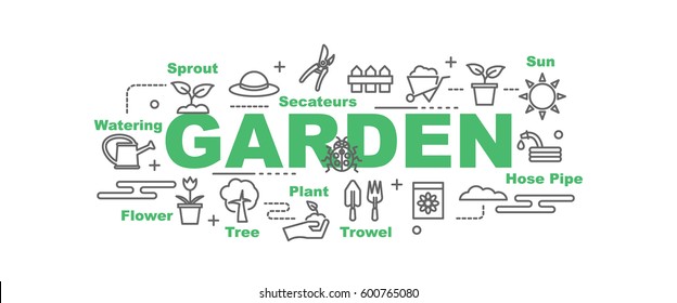 garden vector banner design concept, flat style with thin line art icons on white background
