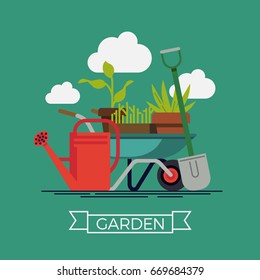 Garden vector concept design with shovel, watering can and wheelbarrow with plants and flowers. Gardening tools