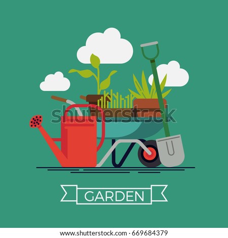 Garden vector concept design with shovel, watering can and wheelbarrow with plants and flowers. Gardening tools