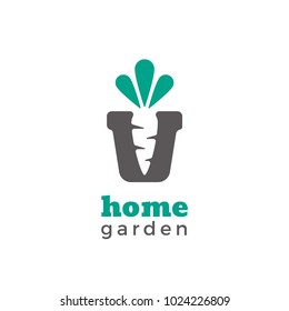 Garden vector flat logo. Logotype for gardening stores. Minimalistic pot with carrot