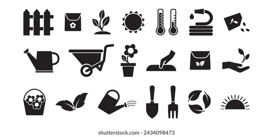 Garden vector icon, plant and tree, seed in soil, flower pot, growth set, black silhouette isolated on white background. Agriculture illustration