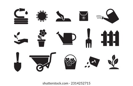 Icono vectorial del jardín, semilla en el suelo, maceta floral, conjunto de crecimiento, silueta negra aislada en fondo blanco. Ilustración agrícola
