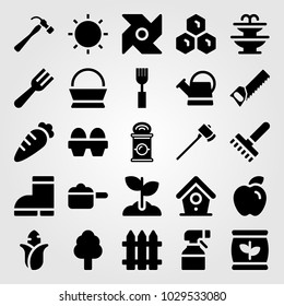 Garden vector icon set. apple, watering can, eggs and pot