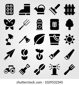 Garden vector icon set. axe, fence, watering can and lamp