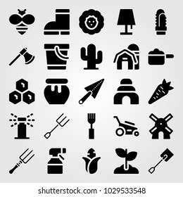 Garden vector icon set. axe, corn, honey and honeycomb