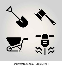 Garden vector icon set. axe, driller, wheelbarrow and shovel