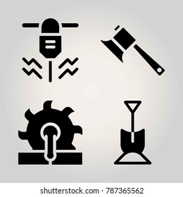 Garden vector icon set. axe, driller, shovel and saw