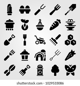 Garden vector icon set. barn, cutlery, pot and rake