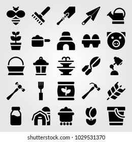 Garden vector icon set. basket, wheat, rake and desk lamp