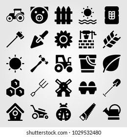 Garden vector icon set. bird house, honeycomb, well and ladybug