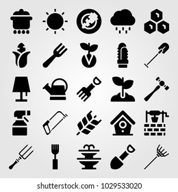 Garden vector icon set. bird house, rain, honeycomb and germination