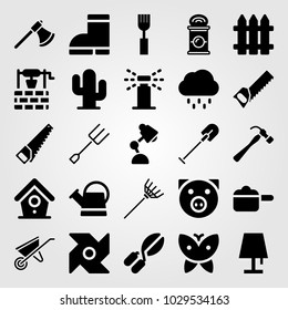 Garden vector icon set. bird house, butterfly, can and axe