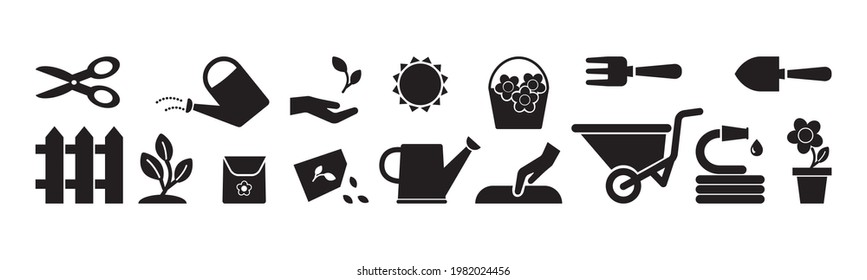 Gartenvektorsymbol, schwarze Silhouetten einzeln auf weißem Hintergrund. Einfache Illustration