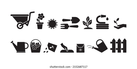 Garden vector icon set, black silhouettes isolated on white background. Simple illustration