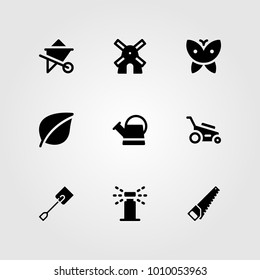 Garden vector icon set. butterfly, leaf, handsaw and lawn mower