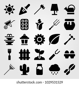 Garden vector icon set. cactus, eggs, hammer and honey