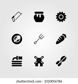 Garden vector icon set. carrot, windmill, handsaw and hose