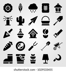 Garden vector icon set. carrot, handsaw, pot and rain