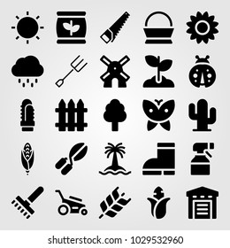 Garden vector icon set. corn, rain, tree and sunflower